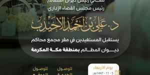 رئيس ديوان المظالم د. علي الأحيدب يستقبل المستفيدين في مجمع محاكم مكة المكرمة الأربعاء 22 أبريل 2026