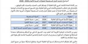 مصر
      تستضيف
      بطولتي
      تنس
      الطاولة
      العربية
      2026
      و2027