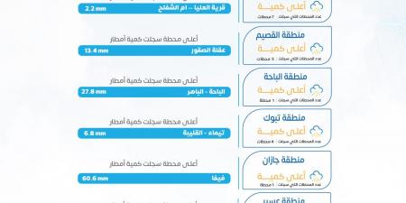 الأرصاد: فيفا تسجل أعلى هطول بـ60.6 ملم خلال 24 ساعة في المملكة