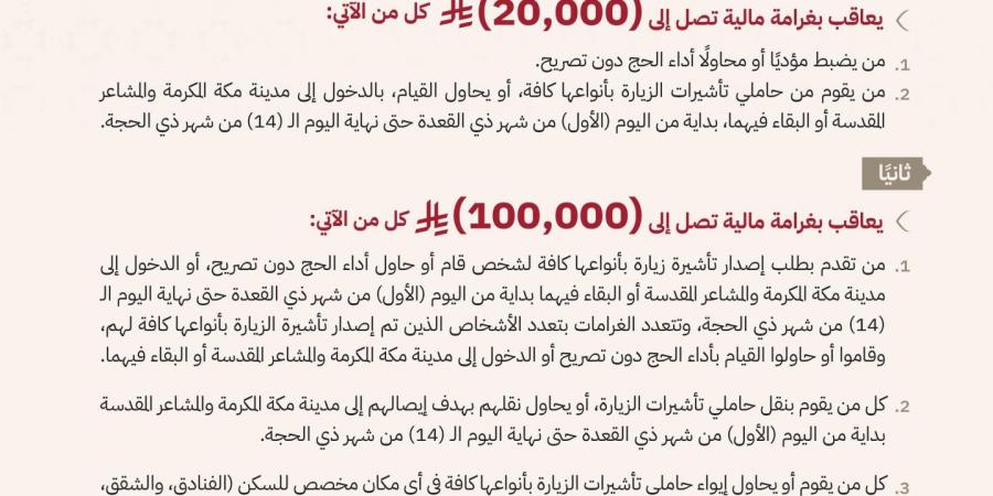 “الداخلية” تعلن عقوبات مشددة تصل إلى 100 ألف ريال لمخالفي تعليمات الحج دون تصريح