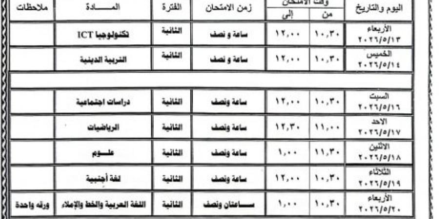 محافظ
      الشرقية
      يعتمد
      جدول
      امتحانات
      الفصل
      الدراسي
      الثاني
      للعام
      الدراسي
      ٢٠٢٥
      /
      ٢٠٢٦