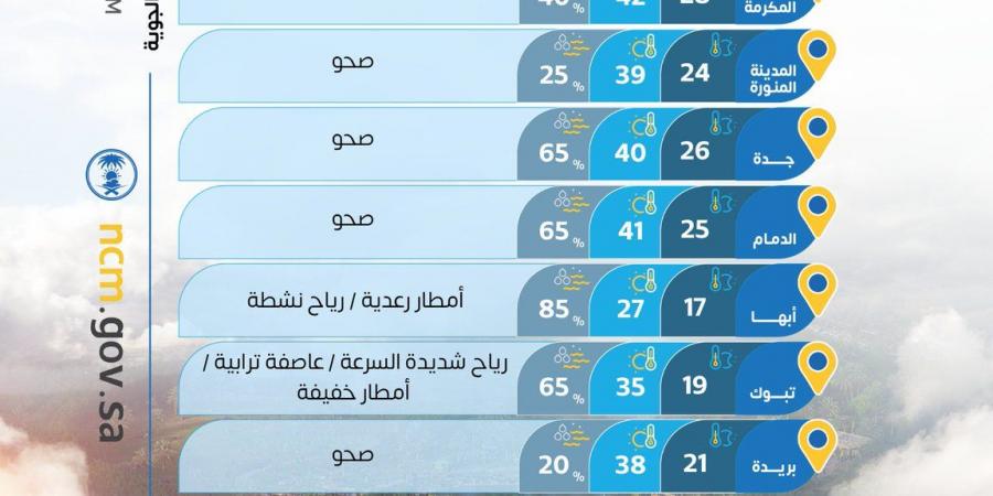 حالة الطقس : عواصف ترابية على شمال المملكة وأمطار رعدية جنوبًا
