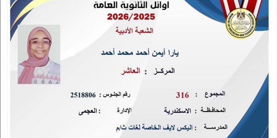 يارا
      أيمن
      العاشرة
      على
      الجمهورية
      "أدبي"
      بالإسكندرية:
      ما
      صدقتش
      نفسي
      من
      الفرحة
      وهدخل
      كلية
      الألسن