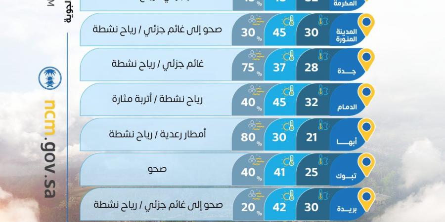 حالة الطقس: أمطار رعدية ورياح مثيرة للأتربة.. الأرصاد يحذر من تقلبات جوية بعدة مناطق