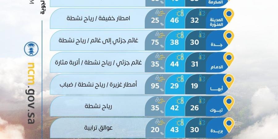 حالة الطقس: أمطار رعدية وجريان للسيول على عدة مناطق.. والأرصاد يحذر من الرياح والغبار